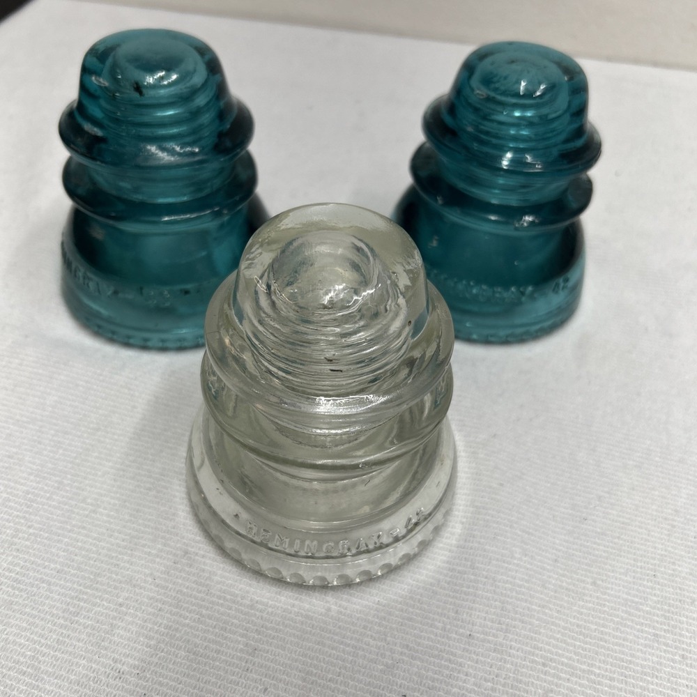 Antique Hemingray 42 Insulator Aqua Blue, Green & Clear Glass Beaded Bottom Lot